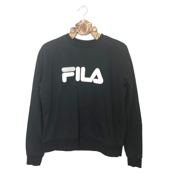 Fila Crew Neck Pullover Sweatshirt Felt Logo Black White XL - Picture 1 of 8